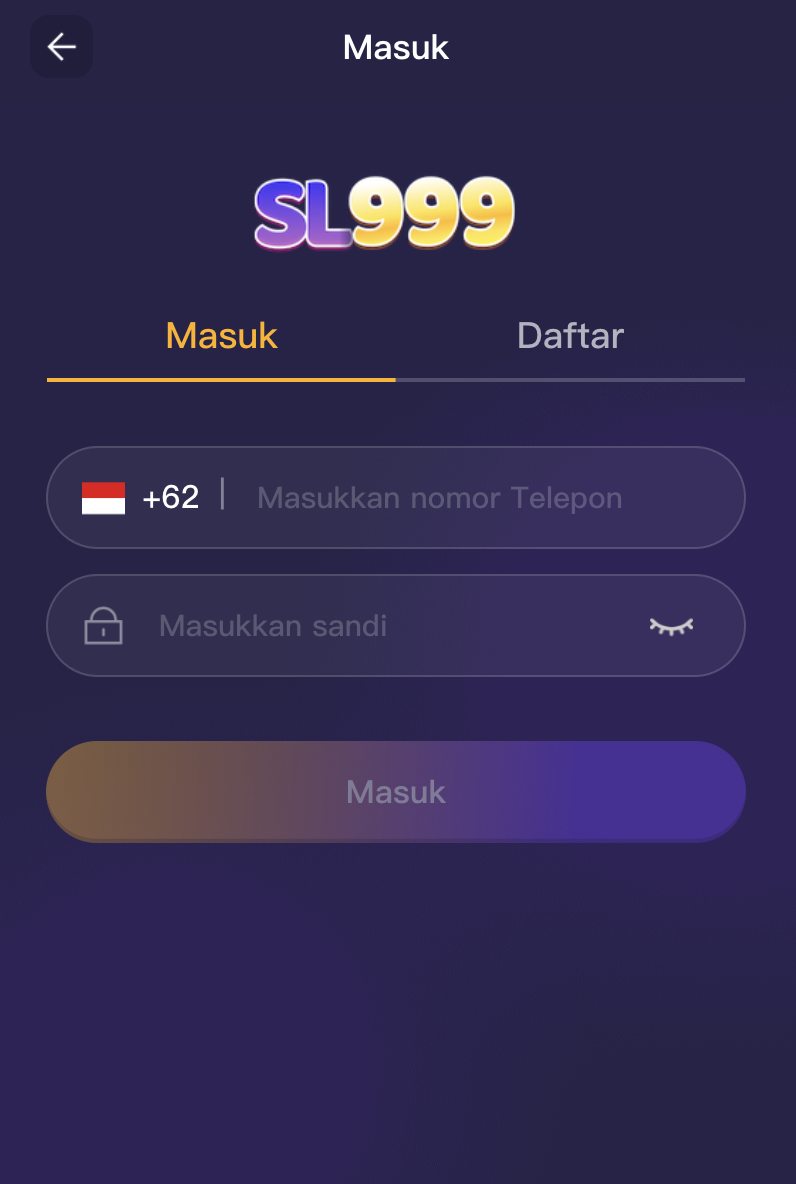 SL999 Apps — tampilan masuk akun